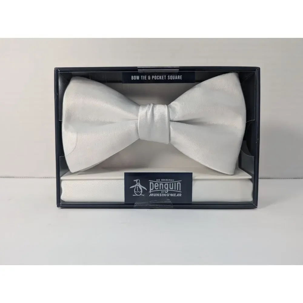 Original Penguin Bow Tie & Pocket Square‎ Set Choice of White or Plum / Eggplant